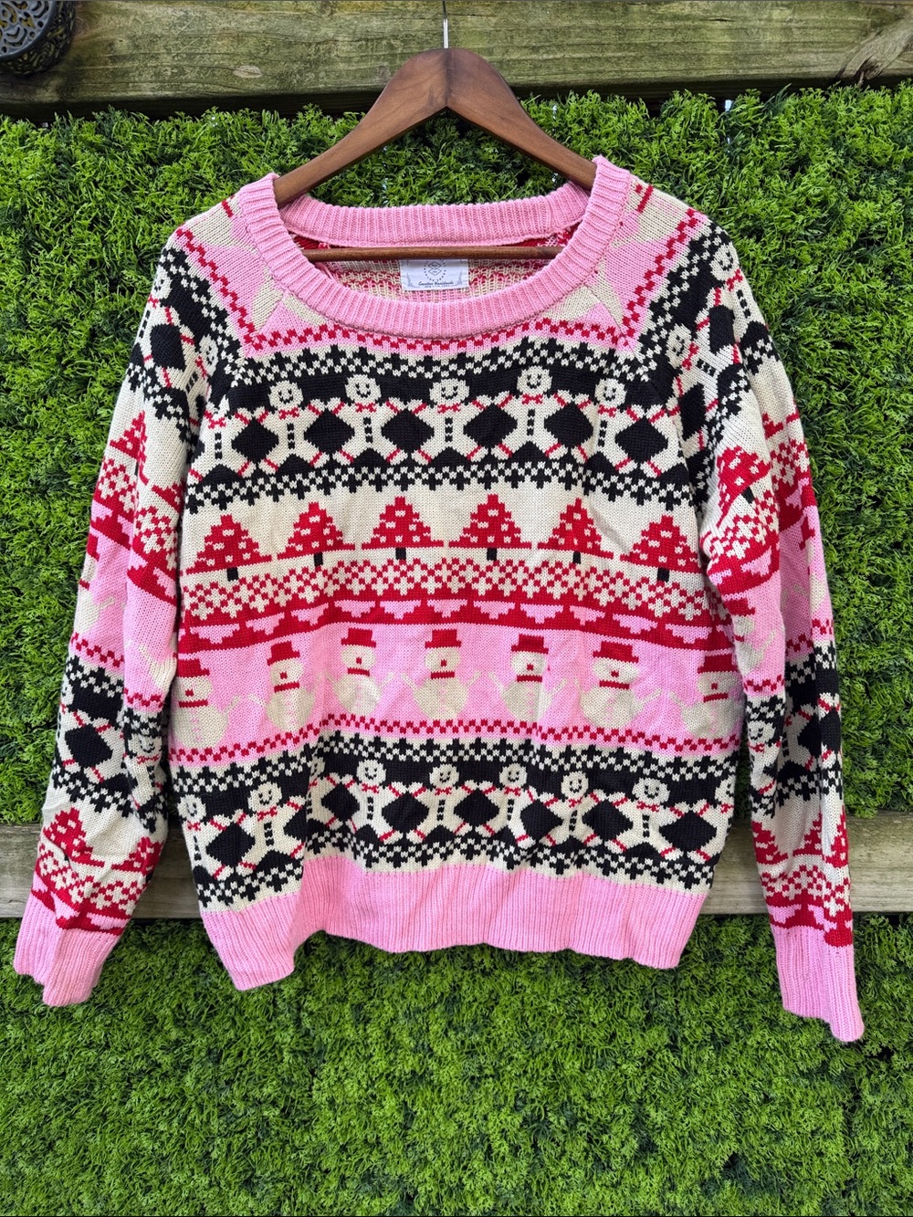 Absolutely Pink Holiday Crewneck Sweater with Red and Cream Accents